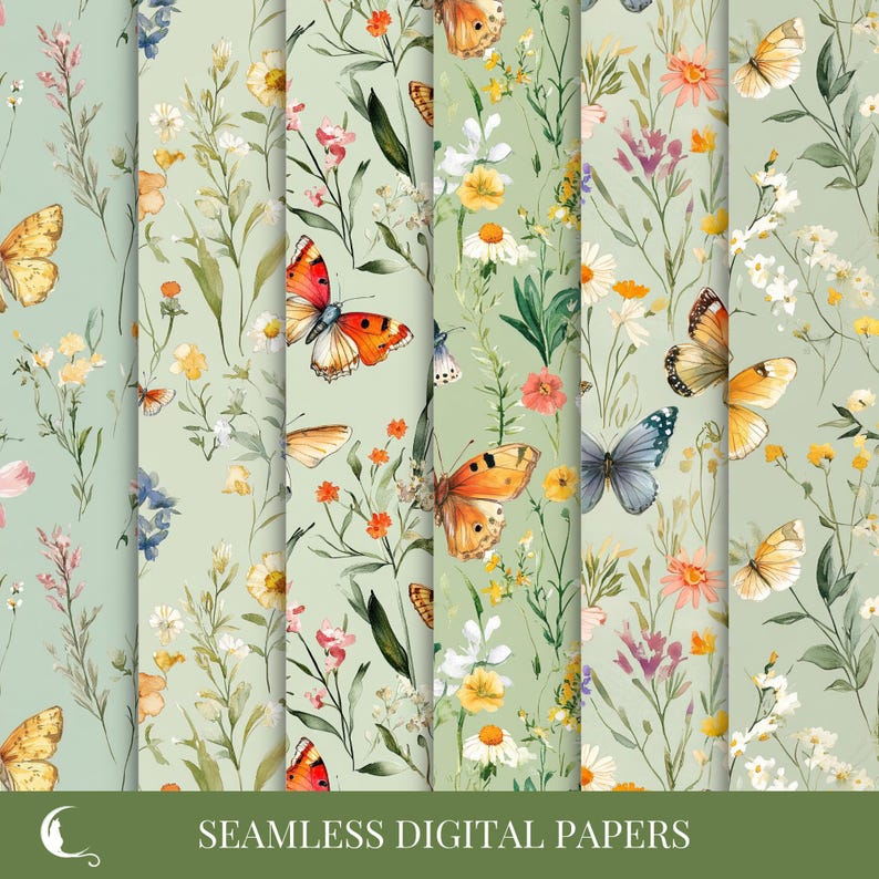 Butterfly & Wildflowers Seamless Patterns, Watercolor Digital Paper ...