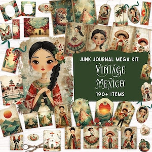 Vintage Mexico Junk Journal Kit, afdrukbare foliokit, efemere Mexicaanse volkskunst, Spaans erfgoed digitaal papier, grillig schattig plakboek