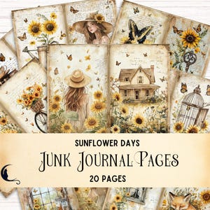 Shabby Chic Zonnebloem Junk Journal Pages, Cottagecore Digitaal Scrapbookpapier, Bloemen Ephemera Kit, Rustieke Craft Supplies, Vintage Farm DIY