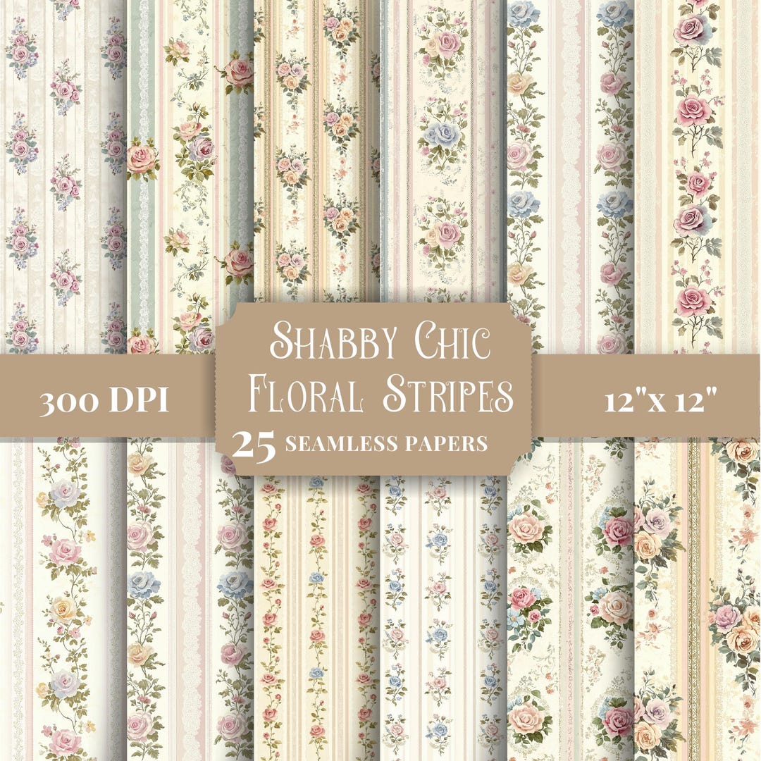 Shabby Chic Floral Stripes Digital Paper Pack, Seamless Patterns for ...
