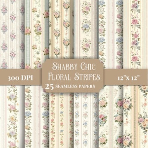 May include: A collection of 25 seamless digital papers featuring floral stripes in various pastel colour palettes. The image includes text that reads: Shabby Chic Floral Stripes, 300 DPI, 12" x 12", 25 seamless papers.