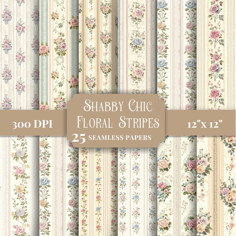 Shabby Chic Floral Stripes Digital Paper Pack, Seamless Patterns for ...