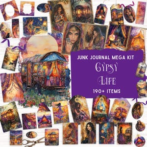 Kit de diario basura gitano, kit de folio imprimible, efímera bohemia vintage, papel digital bohemio de acuarela, material de álbum de recortes colorido, bricolaje hippie