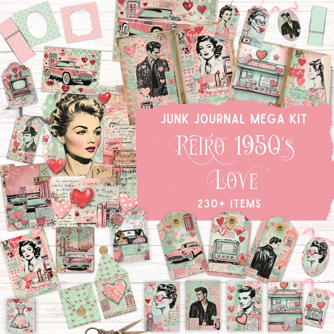 Retro 1950s Love Junk Journal Kit, Printable Folio Pocket, Vintage ...