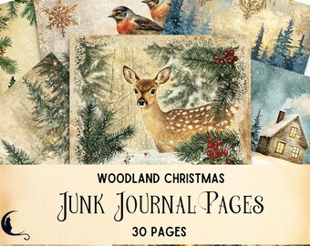 Shabby Chic Woodland Christmas Junk Journal Background Pages, Printable Rustic Winter Paper, Digital Scrapbooking