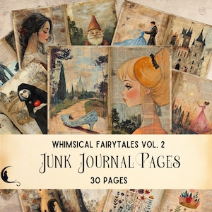 Grillig sprookjesdagboek, Assepoester, Sneeuwwitje, Rapunzel, Betoverde Ephemera, Fantasy Scrapbooking Kit, Unique Paper Crafts Supply