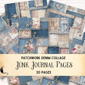 Denim Patchwork Junk Journal Kit, Digital Printable Paper Collage Sheets, Vintage Ephemera, Shabby Chic Floral Lace DIY Scrapbook Supplies