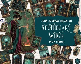 Apothecary Witch Junk Journal Kit, Printable Art Deco Witch, Printable Folio Kit, Teal Witch Paper, Art Nouveau Vintage Ephemera, PDF JPG