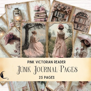 Giornale vintage in pizzo rosa, carta stampabile shabby chic, lettrice vittoriana, biblioteca antica, pagine floreali, scrapbooking effimero