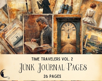 May include: A collection of 26 digital junk journal pages titled Time Travelers Vol. 2, featuring sepia-toned illustrations of historical figures, vintage clocks, binoculars, ships, and architectural landmarks on aged, textured paper backgrounds.