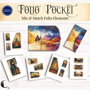 May include: A digital folio pocket kit featuring the text Folio Pocket and Mix & Match Folio Elements. The set includes printable sheets with desert landscapes, a camel rider, a castle, a person in a headscarf, and ornate architectural tags.