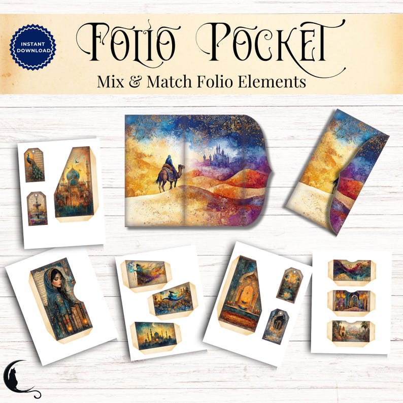 May include: A digital folio pocket kit featuring the text Folio Pocket and Mix & Match Folio Elements. The set includes printable sheets with desert landscapes, a camel rider, a castle, a person in a headscarf, and ornate architectural tags.
