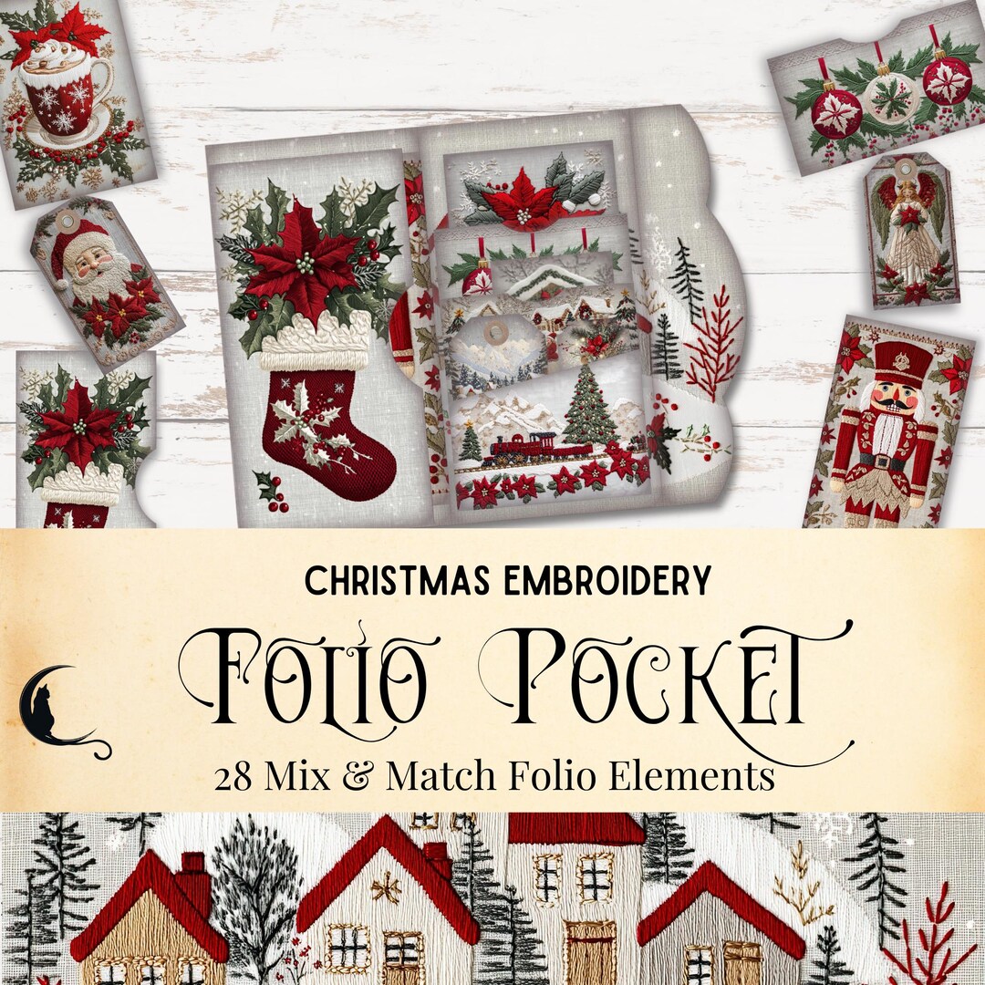 Rustic Christmas Embroidery Junk Journal Folio Kit | Printable Pocket ...