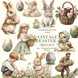 Vintage Easter Illustrations Clipart Bundle, Retro Graphics Antique Cute Bunnies with Flower Crown, Commercial Use PNG’s, Floral Easter Eggs