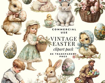 Vintage Easter Illustrations Clipart Bundle, Retro Graphics Antique Cute Bunnies with Flower Crown, Commercial Use PNG’s, Floral Easter Eggs