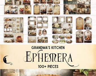 May include: A collection of over 100 paper ephemera pieces featuring vintage kitchen scenes, including illustrations of baking, cooking, and food. The set includes rectangular tags, labels, and frames with warm, rustic tones and the text Grandma's Kitchen.