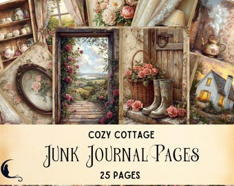 Cozy Cottage Junk Journal Pages, Printable Shabby Chic Ephemera, Country Cottagecore Digital Scrapbooking Paper