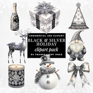 Schwarz und Silber Weihnachts Clipart Bündel, Luxuriöser Urlaub PNG, Silvester, Retro Glitzer Weihnachten, Stimmungsvolle Weihnachtsfeier Grafiken