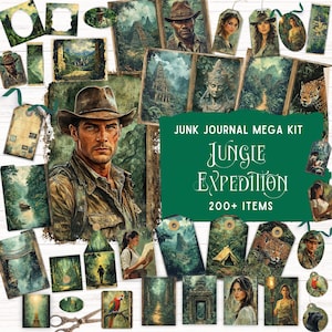 Jungle Expedition Junk Journal Kit, avontuurlijke afdrukbare foliokit, tropisch regenwoud, kortstondige tropische regenwouden, Amazon Nature digitale papieren scrapbooking