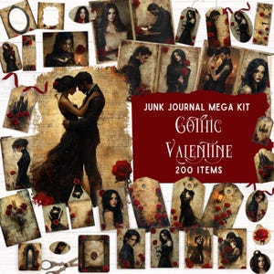 Gothic Valentine Junk Journal Kit, afdrukbare foliokit, donkere romantiek ephemera, vintage Victoriaans plakboekpapier, antieke rode rozen Tags