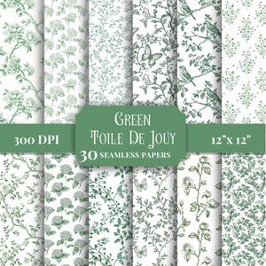 Groene toile de jouy digitaal papierpakket, vintage bloemenpatronen chinoiserie naadloze achtergronden voor scrapbooking, kaarten, doe-het-zelfbenodigdheden