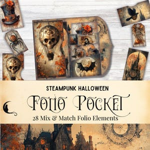 Kit folio de journal indésirable Halloween steampunk, kit folio imprimable horreur gothique, poches chargées, étiquettes Steampunk vintage, éphémères numériques