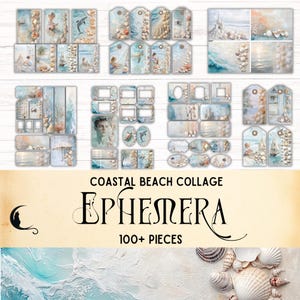 Coastal Collage Junk Journal Kit, Printable Ephemera, Nautical Tags & Labels, Printable Beach Ephemera, Coastal Tags, Scrapbook Supplies