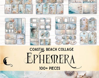 Coastal Collage Junk Journal Kit, Printable Ephemera, Nautical Tags & Labels, Printable Beach Ephemera, Coastal Tags, Scrapbook Supplies
