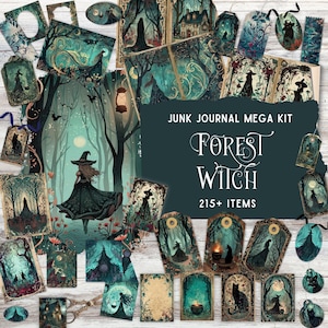 Kit de journal indésirable sorcière forêt sombre, sorcière art déco imprimable, kit folio pliant, forêt enchantée, éphémères Halloween vintage, créations en papier