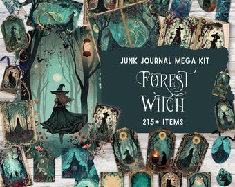 Dark Forest Witch Junk Journal Kit, Printable Art Deco Witch, Folding Folio Kit, Enchanted Forest, Halloween Vintage Ephemera, Paper Craft
