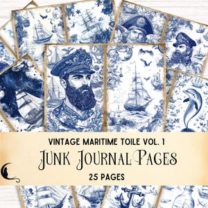 Kit de journal indésirable en toile maritime, éphémères nautiques vintage, papier numérique océan, fournitures de scrapbooking uniques, toile de Jouy bleue française