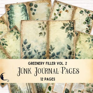 Páginas de preenchimento de diário de lixo verde, itens botânicos, álbum de recortes imprimível de natureza herbácea, pacote de papel digital vintage rústico verde floresta