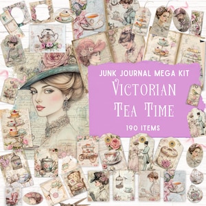 Kit de journal indésirable de l'heure du thé victorien, kit de scrapbooking imprimable, pochette folio pliante, éphémères vintage pour le thé, art victorien shabby chic