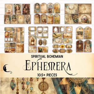 Kit de diario espiritual bohemio con efímeras, efímeras místicas, kit de álbum de recortes bohemio gitano, adivina, etiquetas y tarjetas para suministros de manualidades hippies