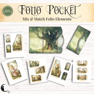 May include: A digital craft kit titled Folio Pocket Mix & Match Folio Elements featuring various paper templates with woodland illustrations of rabbits, foxes, deer, and hedgehogs in a forest setting with trees, mushrooms, and small houses.