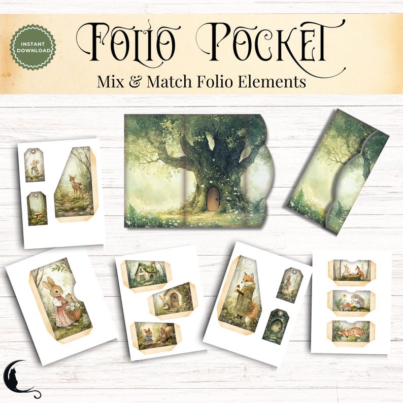 May include: A digital craft kit titled Folio Pocket Mix & Match Folio Elements featuring various paper templates with woodland illustrations of rabbits, foxes, deer, and hedgehogs in a forest setting with trees, mushrooms, and small houses.