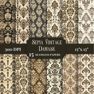 Papel digital de damasco sépia sem costura, padrões vitorianos vintage elegantes para scrapbooking, fundos florais chiques, itens essenciais para artesanato