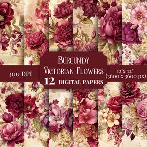 Carta digitale vittoriana bordeaux, motivi floreali per scrapbooking, effimeri vintage, materiali artigianali per fiori vittoriani shabby, diario spazzatura
