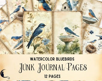 May include: A collection of vintage-style junk journal pages featuring watercolor bluebirds, flowers, and nests. The pages have a distressed, aged appearance with handwritten script and floral accents. The text on the pages reads "Watercolor Bluebirds" and "Junk Journal Pages, 12 Pages."
