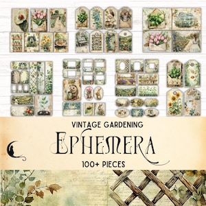 Kit de diario de jardinería vintage, etiquetas imprimibles, materiales para scrapbooking de jardín, manualidades con acuarela y vegetación.