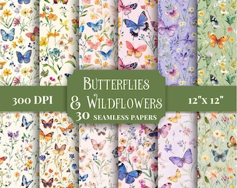 Butterfly & Wildflowers Seamless Patterns, Watercolor Digital Paper, Printable Floral Backgrounds, Scrapbooking Crafts Junk Journal Supplies