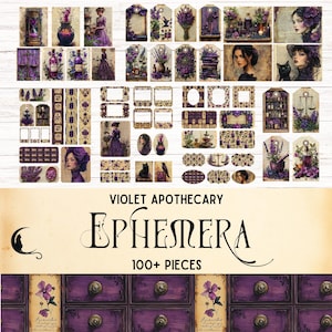 Kit de efêmeras do diário de lixo da Purple Apothecary, etiquetas de efêmeras botânicas de bruxas herbais para impressão, suprimentos para scrapbooking de grimório digital, poções