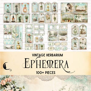 Kit d'éphémères vintage herbier, étiquettes éphémères imprimables, fournitures de scrapbooking shabby chic, apothicaire floral à base de plantes botanique