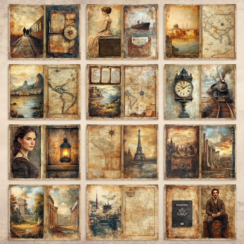 May include: A collection of twelve vintage-style travel-themed art panels featuring sepia-toned illustrations of trains, maps, historical landmarks, a clock, a lantern, and portraits of individuals, all presented in a grid layout with a weathered texture.