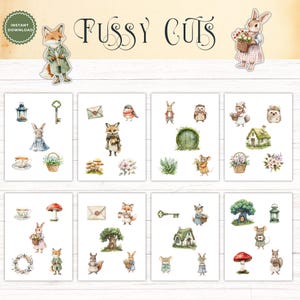 May include: A digital collection of watercolor illustrations titled FUSSY CUTS, featuring woodland animals like foxes, rabbits, hedgehogs, and mice, alongside elements such as lanterns, keys, mushrooms, floral baskets, and small cottages.
