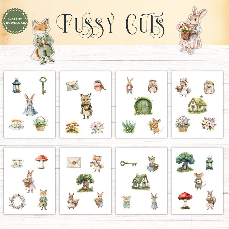 May include: A digital collection of watercolor illustrations titled FUSSY CUTS, featuring woodland animals like foxes, rabbits, hedgehogs, and mice, alongside elements such as lanterns, keys, mushrooms, floral baskets, and small cottages.