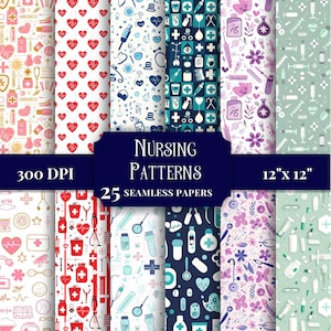Nahtlose Pflegemuster Digitales Papier Niedliche Krankenschwester Themed Druckbare Designs Druckbare Medizinische Sammelalbenseiten Kommerzielle Nutzung JPG Hintergründe