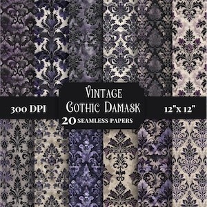 Sömlöst damast digitalt papper, snygga vintage viktorianska mönster för scrapbooking, gotiska bakgrunder, sepia, svart, lila hantverksmaterial