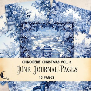 Páginas de diário de Natal Chinoiserie, papel digital francês Toile De Jouy, enfeite de Natal Chinoiserie, papel de Natal azul e branco