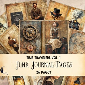 Páginas de diário de viagem no tempo, papel digital para exploradores imprimíveis, itens vintage, passaporte de viajante, férias de álbum de recortes, mapas antigos